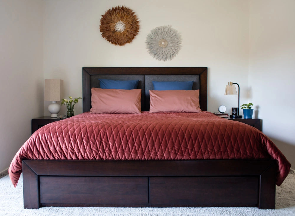Bedroom with a bed, nightstands, and a ceiling fan, before shot. nterior stylist Melbourne, Victoria.