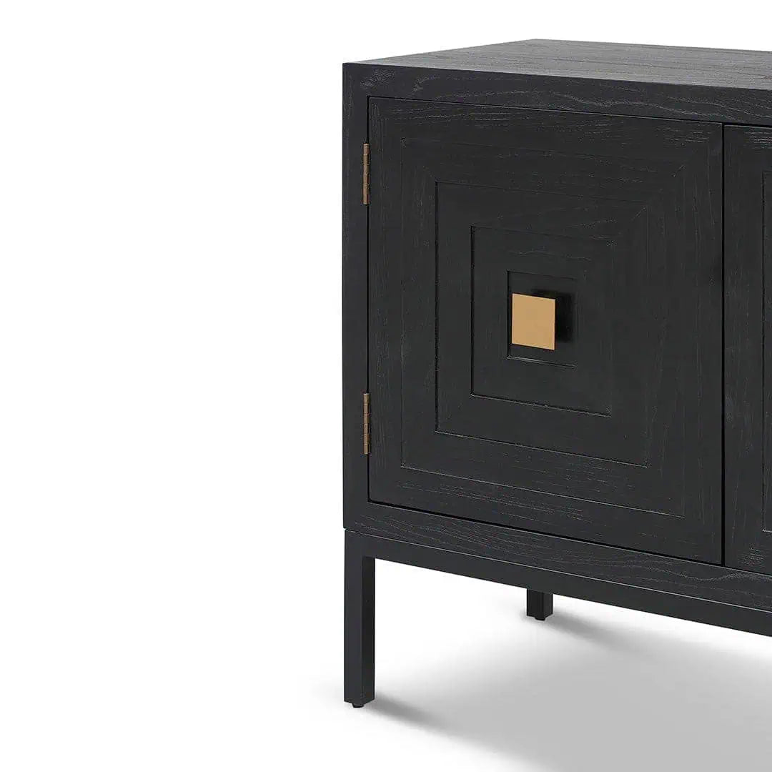 Black cabinet with geometric design on a white background