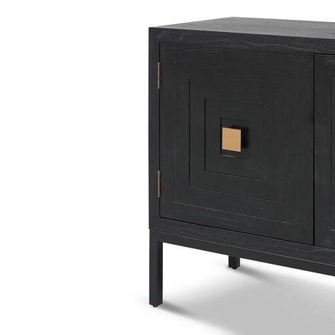 Black cabinet with geometric design on a white background