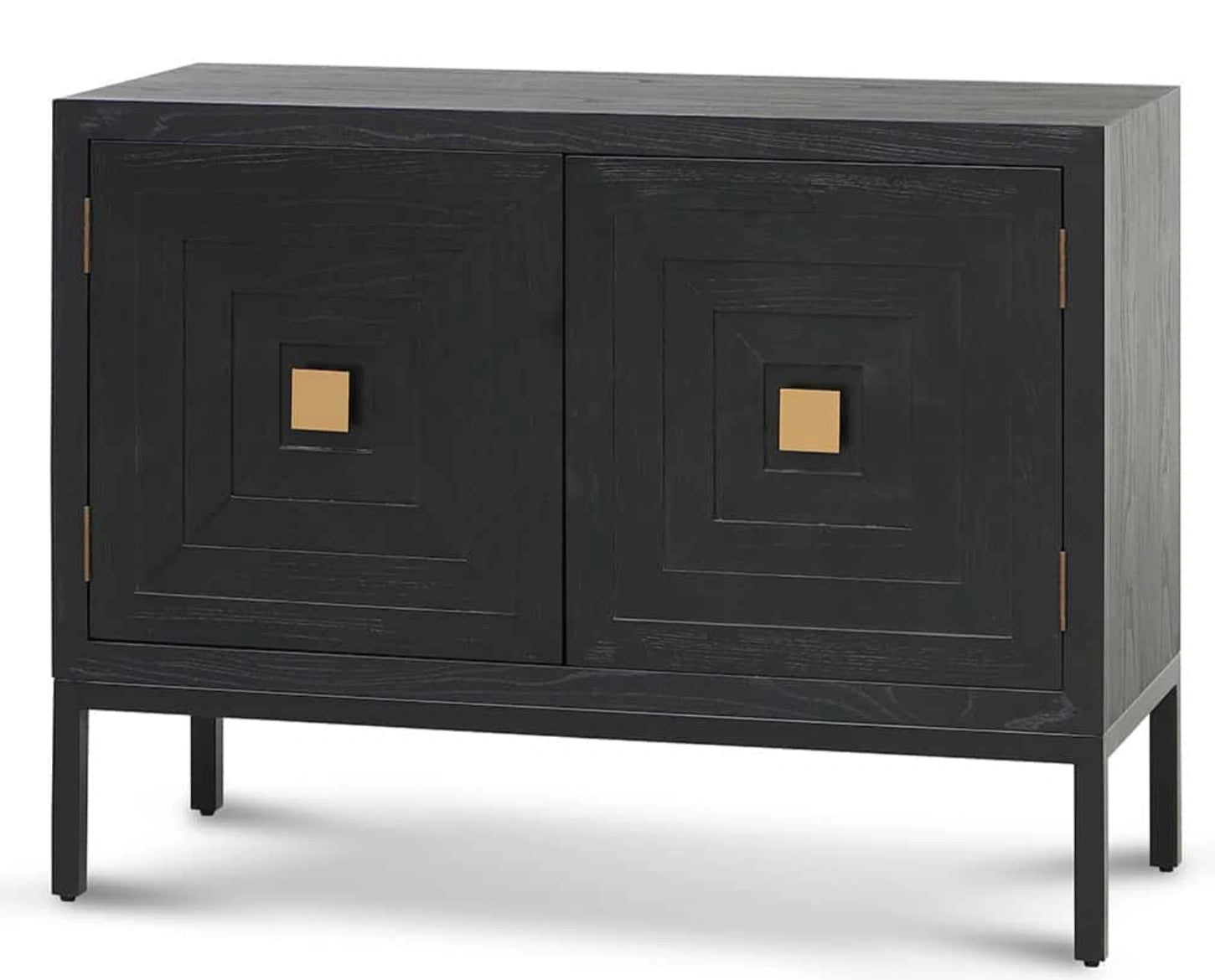 Black cabinet with square gold handles on a white background