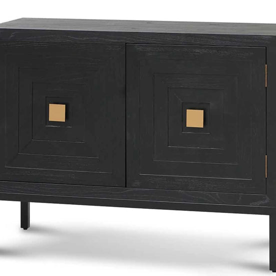 Black cabinet with square gold handles on a white background