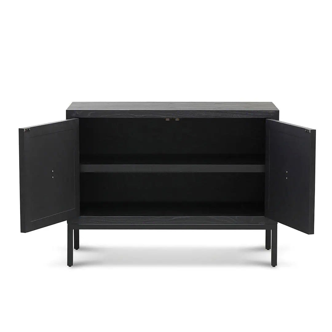 Black sideboard with open doors on a white background
