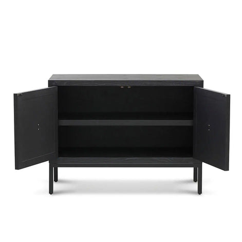 Black sideboard with open doors on a white background