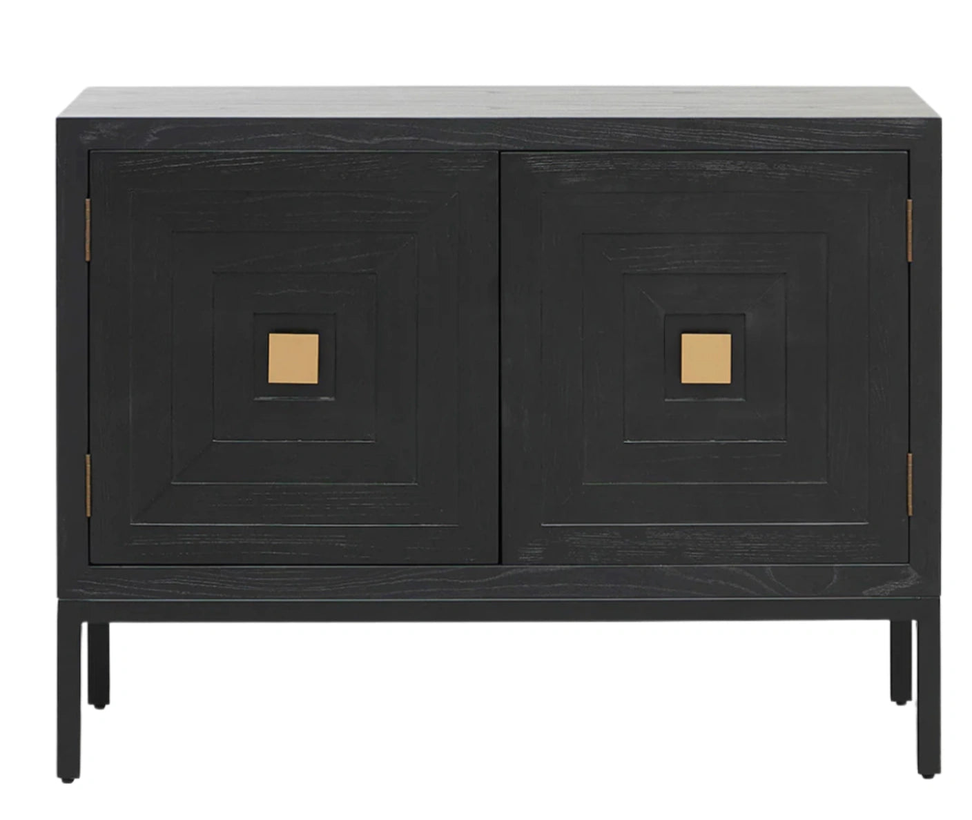 Black cabinet with gold accents on a white background