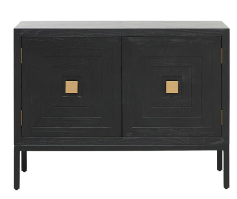 Black cabinet with gold accents on a white background