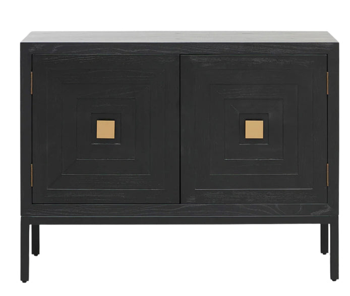 Black cabinet with gold accents on a white background