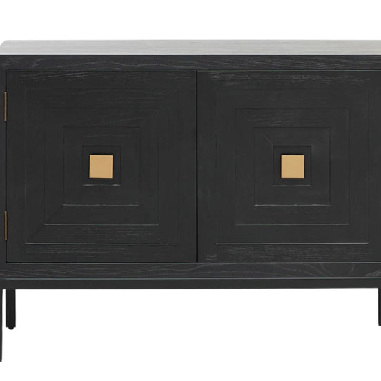 Black cabinet with gold accents on a white background