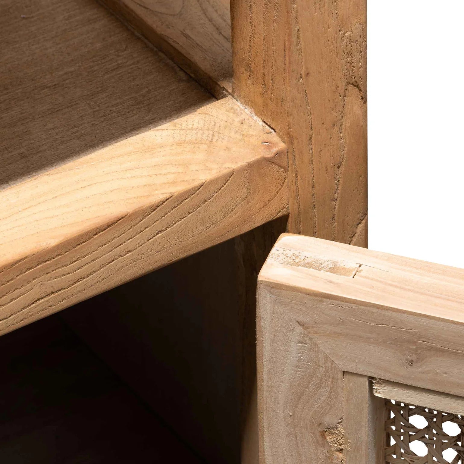 Close-up of wooden furniture with a lattice design