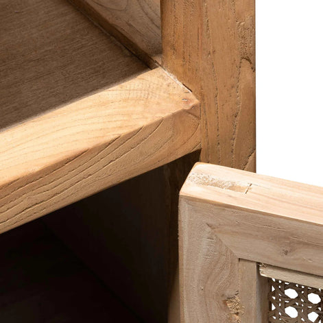 Close-up of wooden furniture with a lattice design