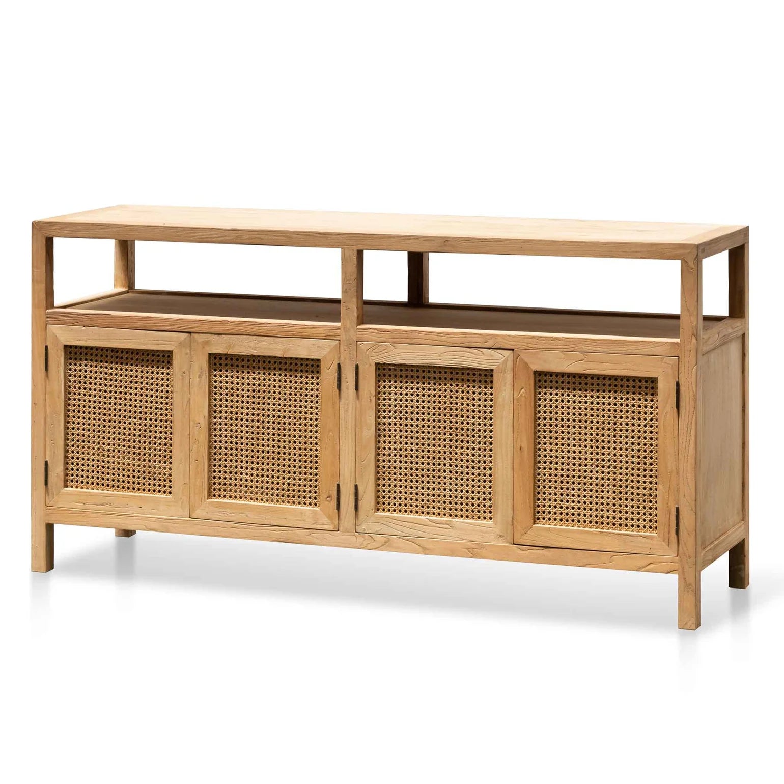 Wooden cabinet with wicker doors on a white background