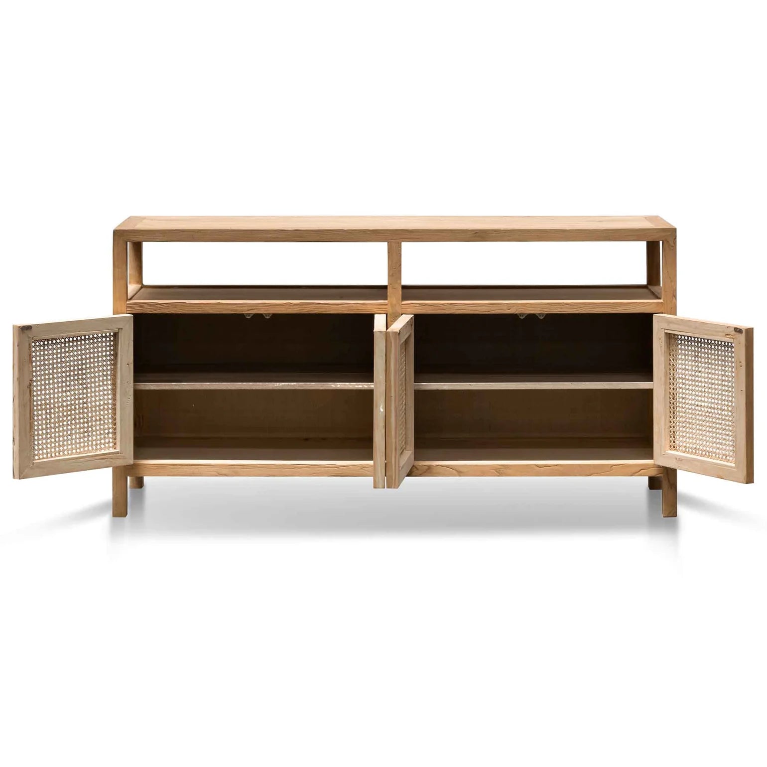 Wooden sideboard with open doors on a white background