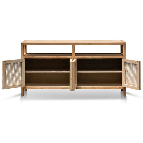 Wooden sideboard with open doors on a white background