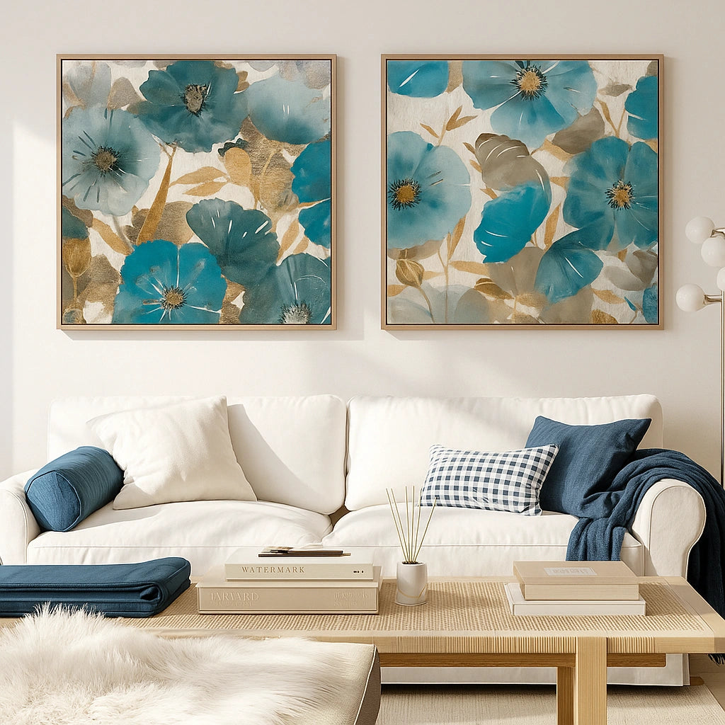 Living room with white sofa, floral artwork, and decorative pillows.