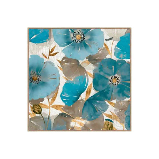 Framed artwork with blue and gray floral design on a white background
