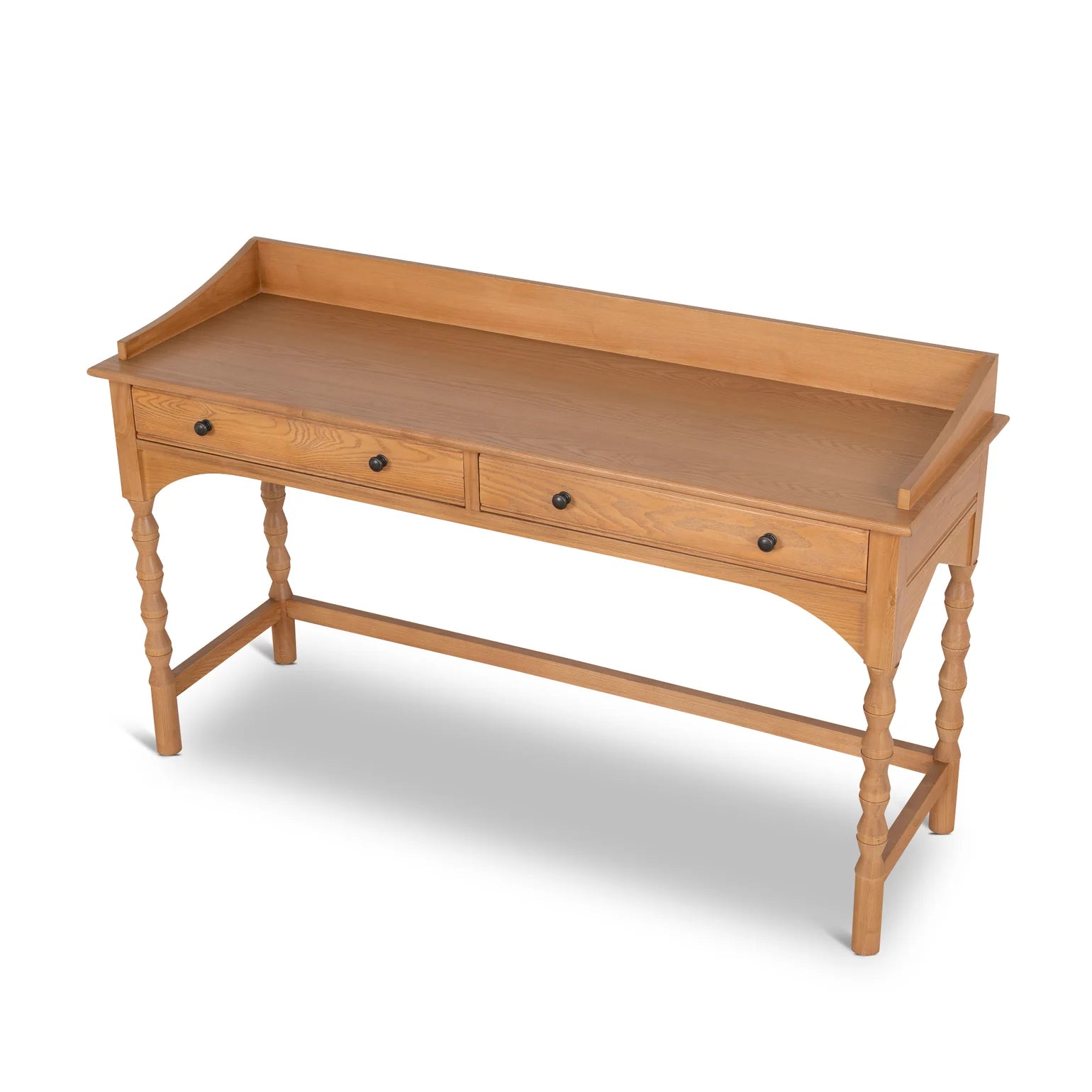Wooden desk with two drawers on a white background