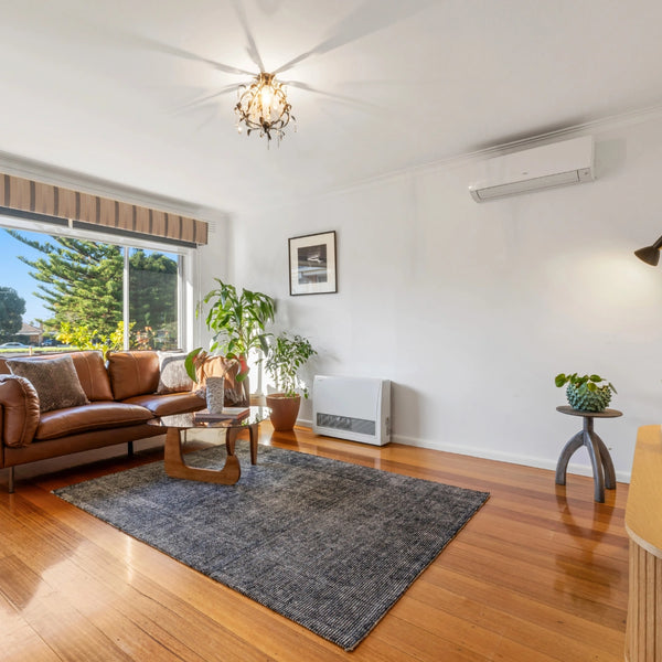 Living room with brown sofa, rug, and plants