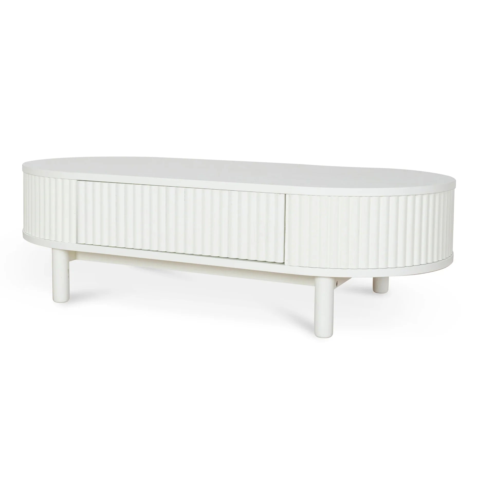 White oval coffee table with ribbed design on a white background