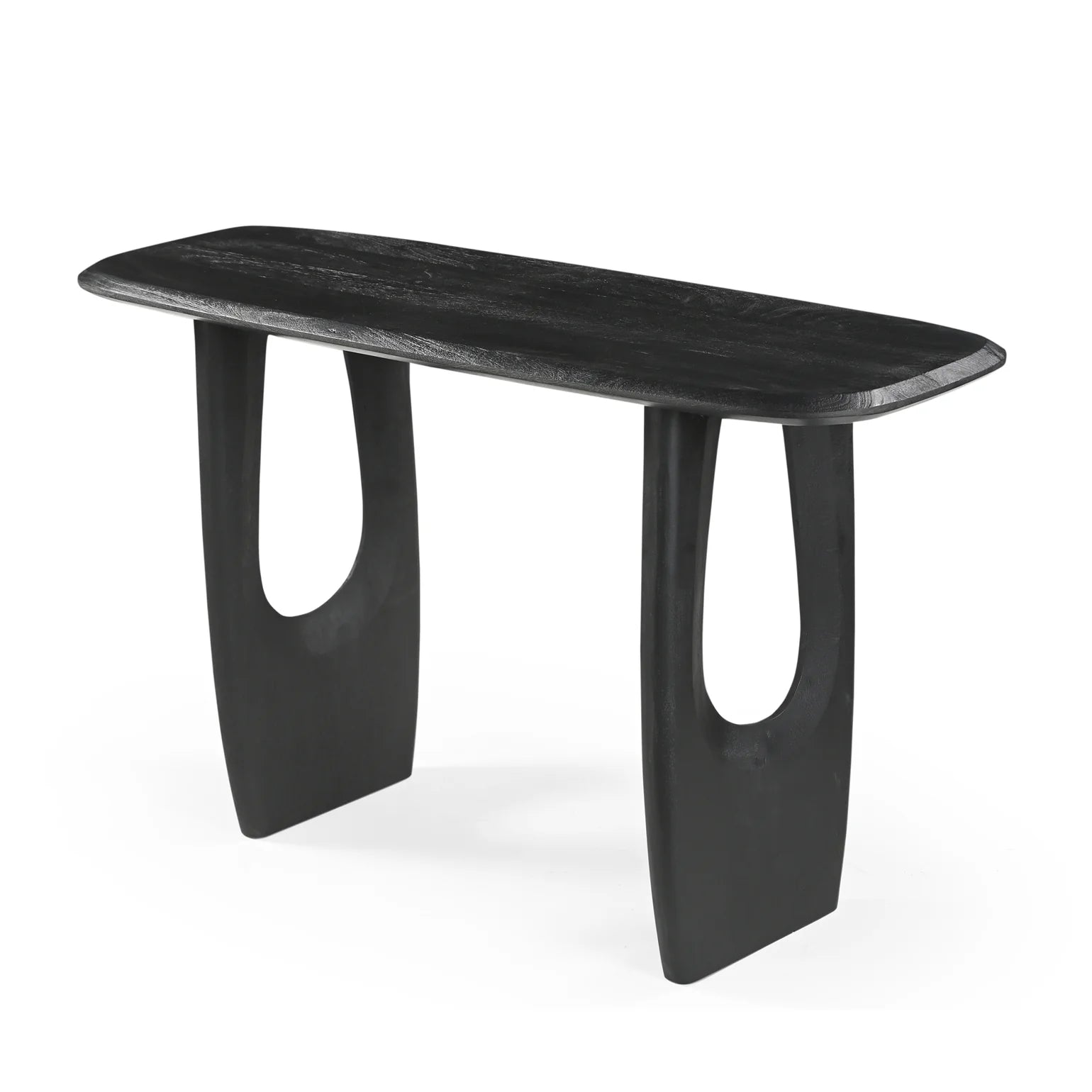 Black console table with unique legs on a white background