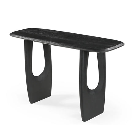 Black console table with unique legs on a white background