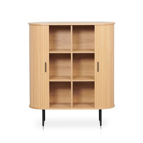 Wooden cabinet with open shelves on a white background