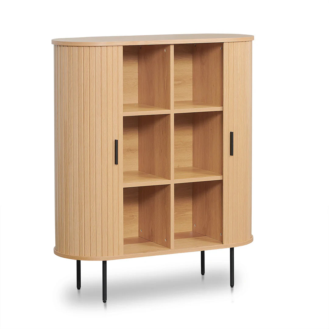 Wooden cabinet with black legs on a white background