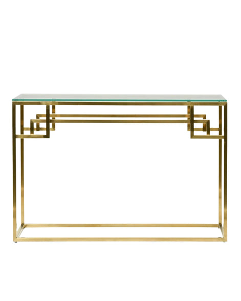 Ambrose Glass Top Console Table with Gold Base