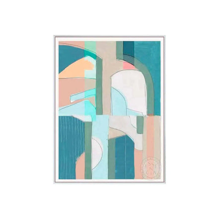 Abstract art print with geometric shapes in pastel colors on a white background