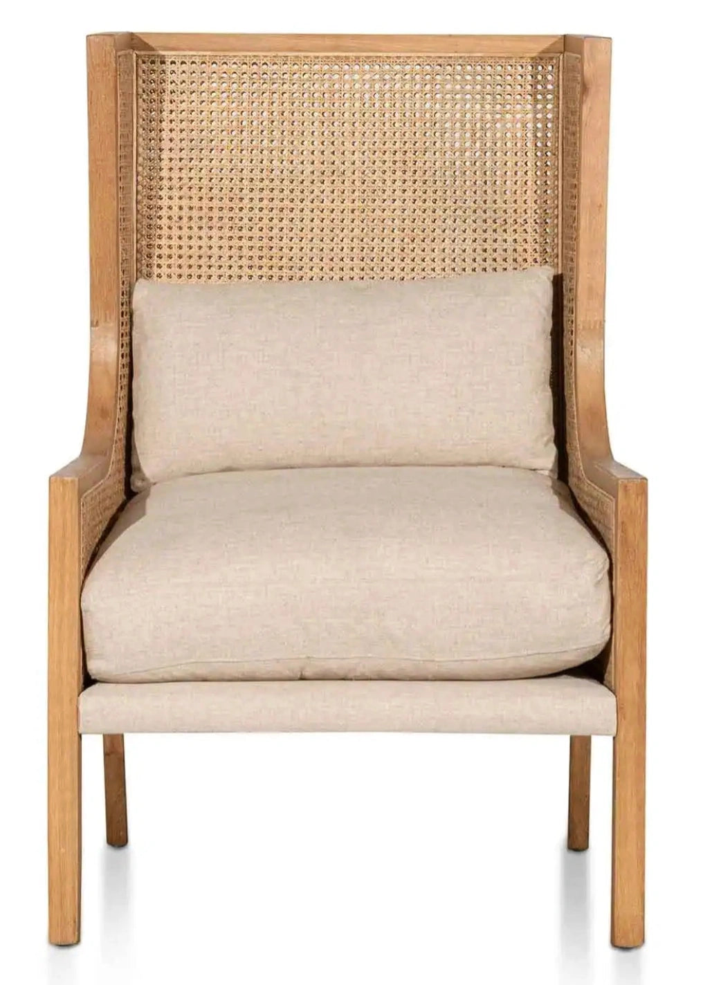 Beige armchair with woven backrest on a white background