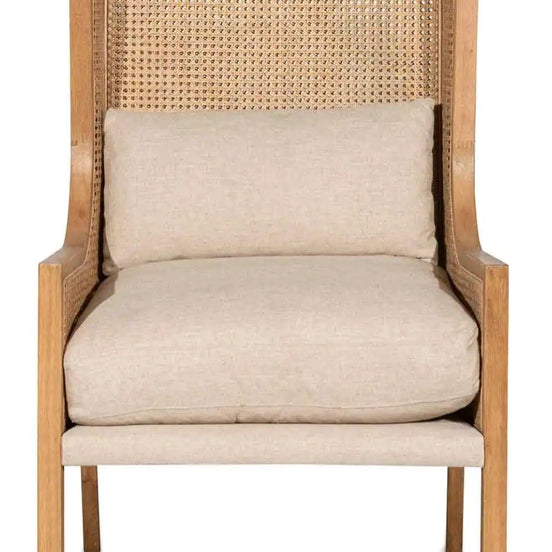 Beige armchair with woven backrest on a white background
