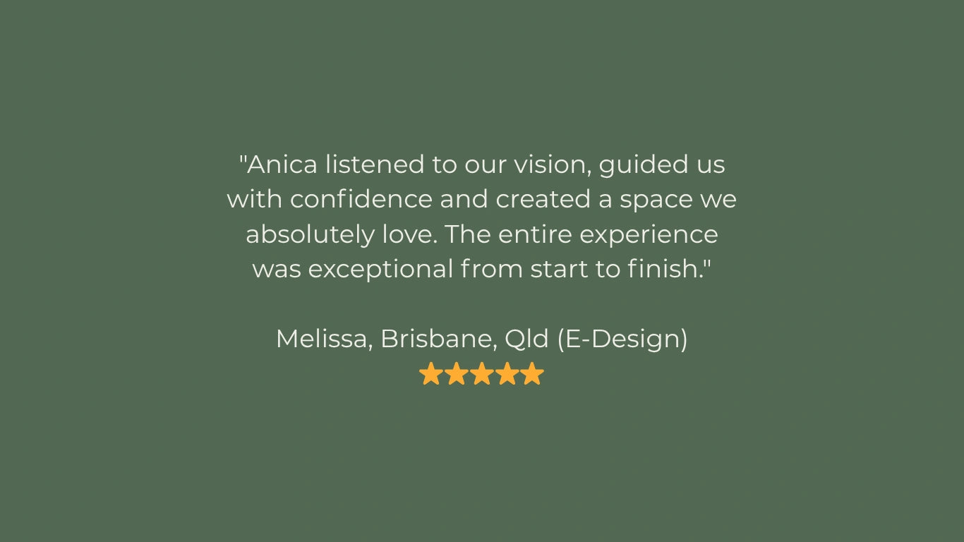 Five-star review with a quote on a green background. E-design client from Brisbane, Qld