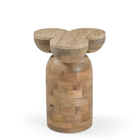 Wooden side table with a unique design on a white background