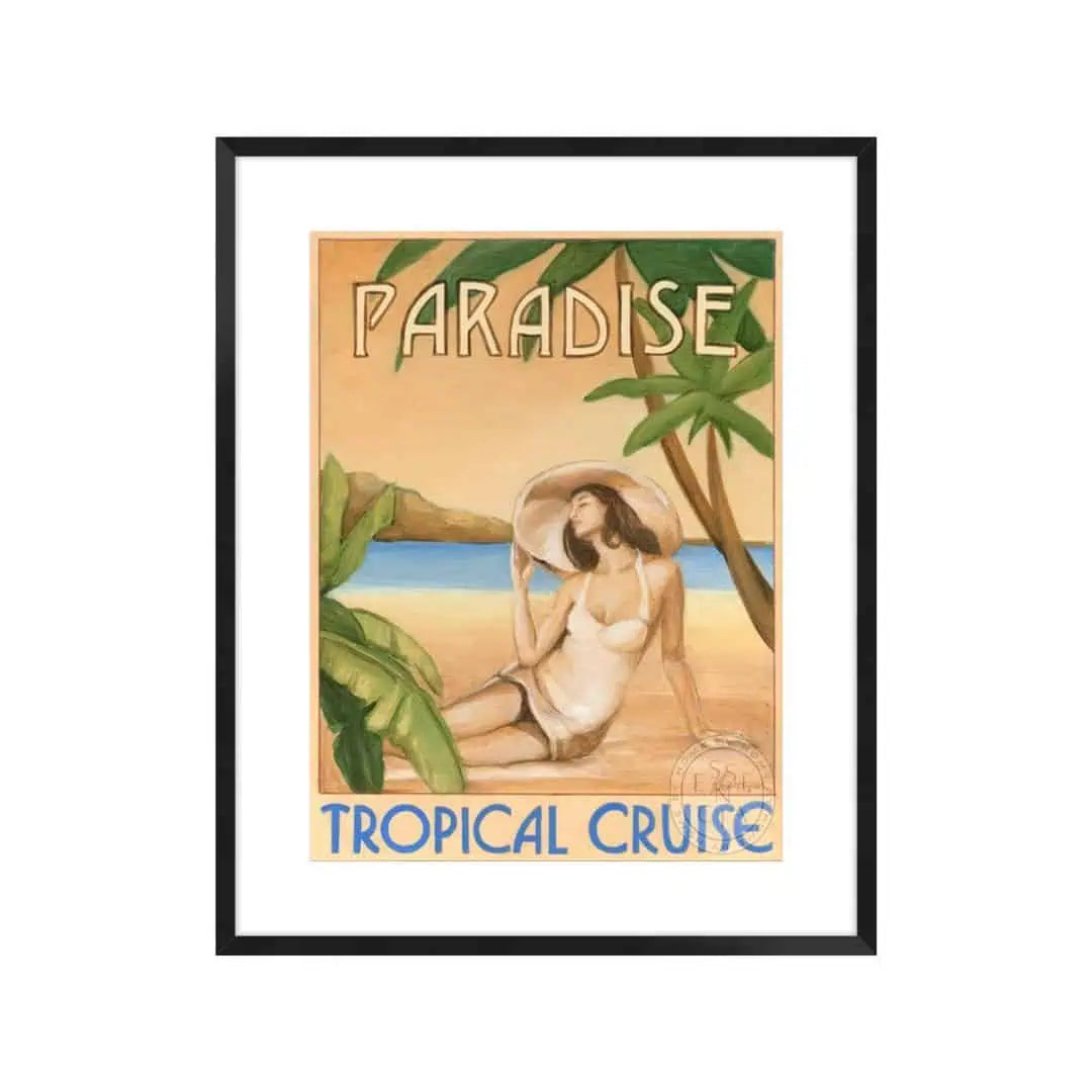 Vintage-style poster with a woman in a bikini under palm trees, text 'Paradise Tropical Cruise' on a white background.