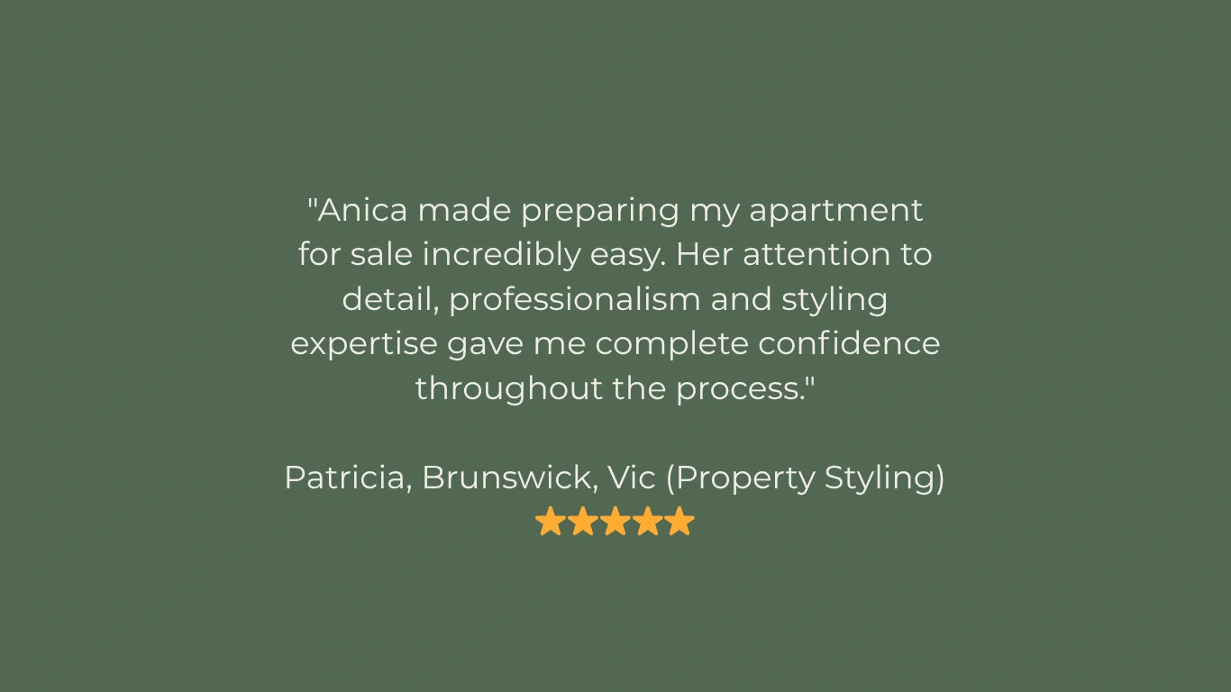 Five-star review for property styling services on a green background. Property styling client