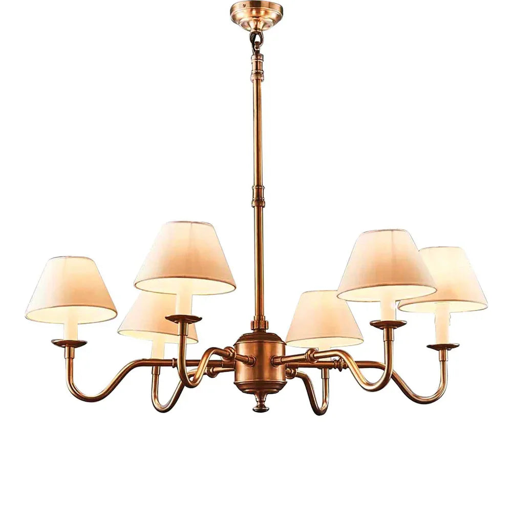 Elegant Prescot 6 arm chandelier crafted from solid brass with adjustable hanging rods 