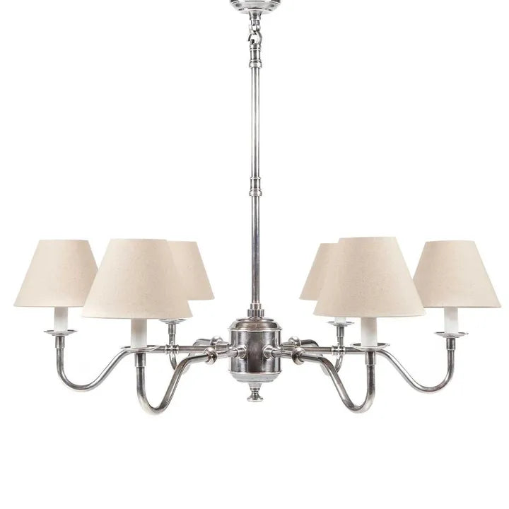 Elegant Prescot 6 arm chandelier crafted from solid brass with adjustable hanging rods 