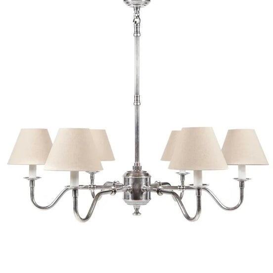 Elegant Prescot 6 arm chandelier crafted from solid brass with adjustable hanging rods 