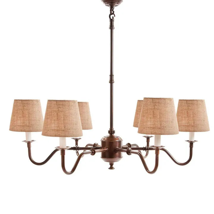 Elegant Prescot 6 arm chandelier crafted from solid brass with adjustable hanging rods 