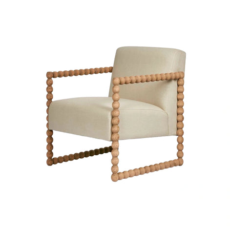 Beige armchair with wooden bead frame on a white background