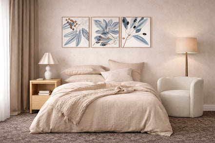 Mood board of a neutral bedroom using natural materials. Alphington , Victoria apartment.