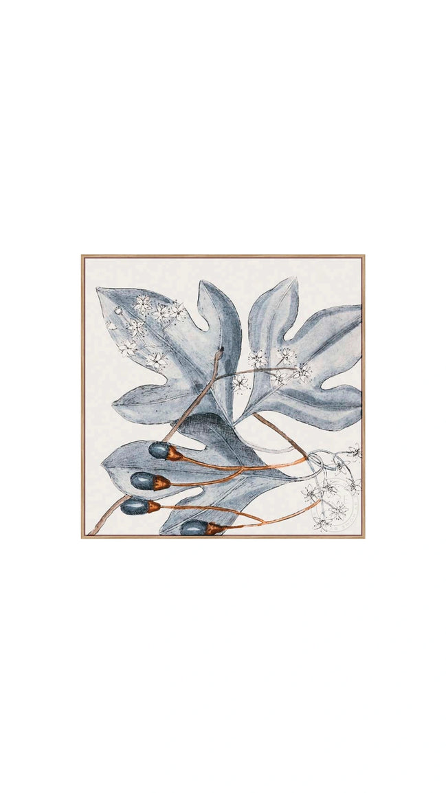 Framed artwork of blue leaves and berries on a white background