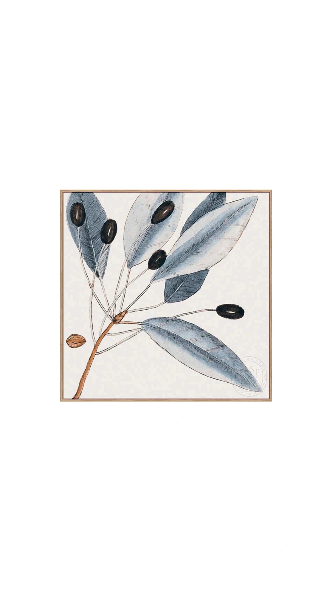 Decorative tile with blue leaves and black berries on a white background