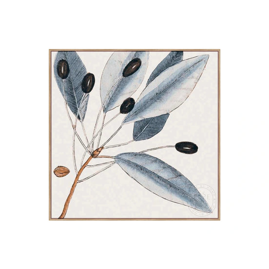 Decorative tile with blue leaves and black berries on a white background