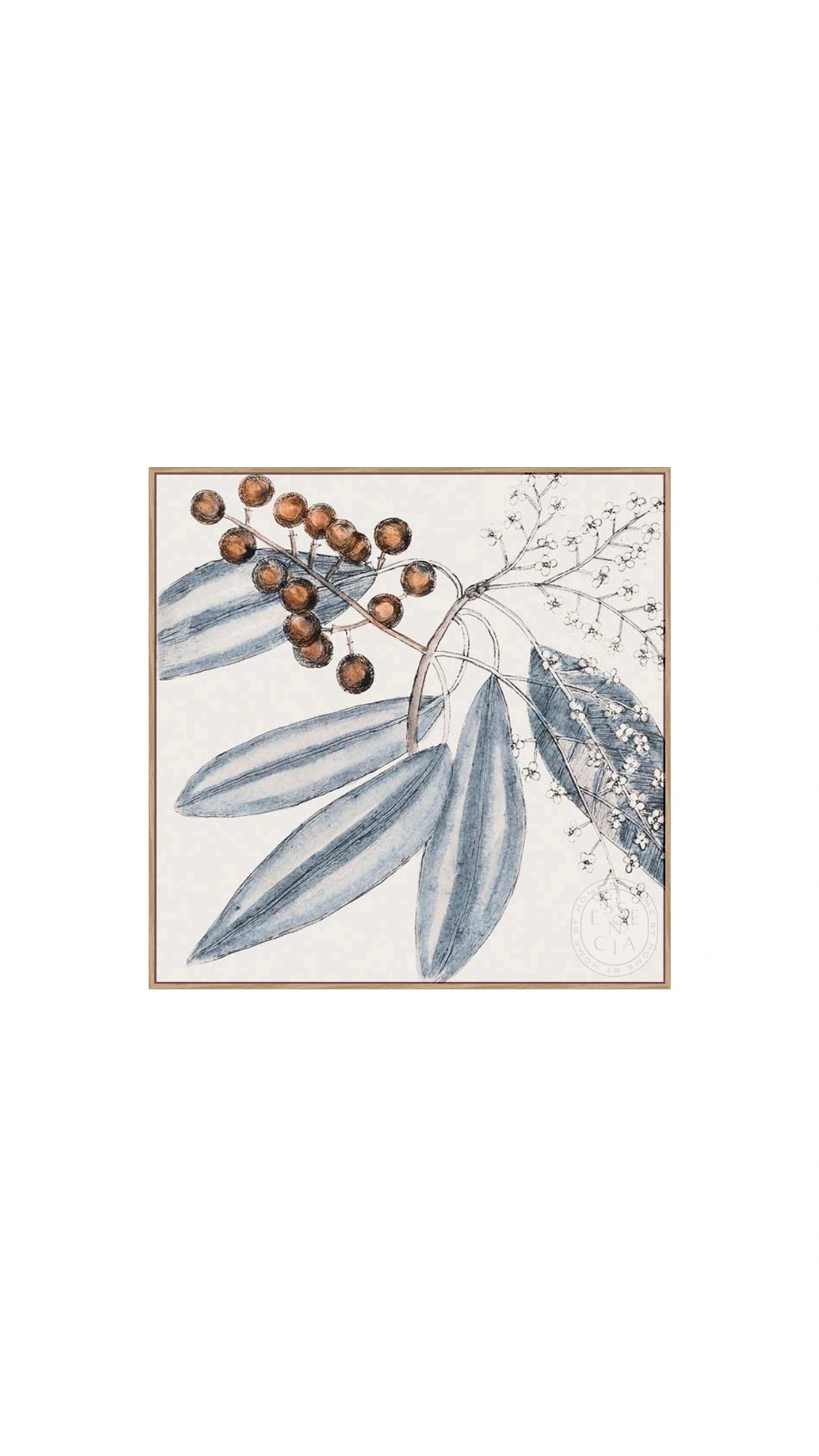 Framed artwork with blue leaves and brown berries on a white background