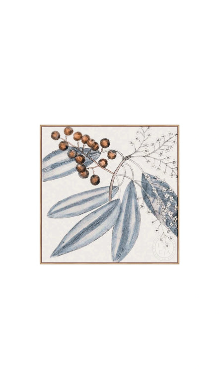 Framed artwork with blue leaves and brown berries on a white background