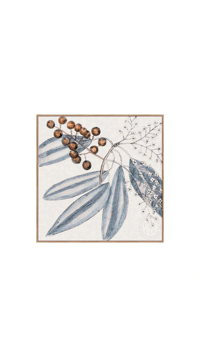 Framed artwork with blue leaves and brown berries on a white background