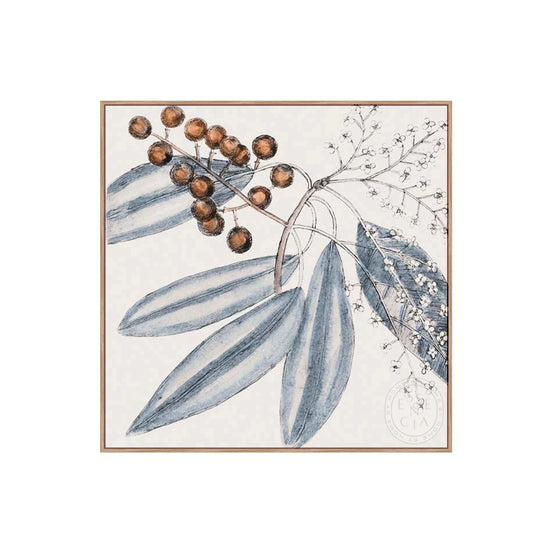 Framed artwork with blue leaves and brown berries on a white background
