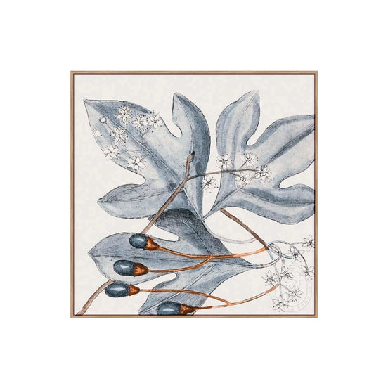 Framed artwork of blue leaves and berries on a white background