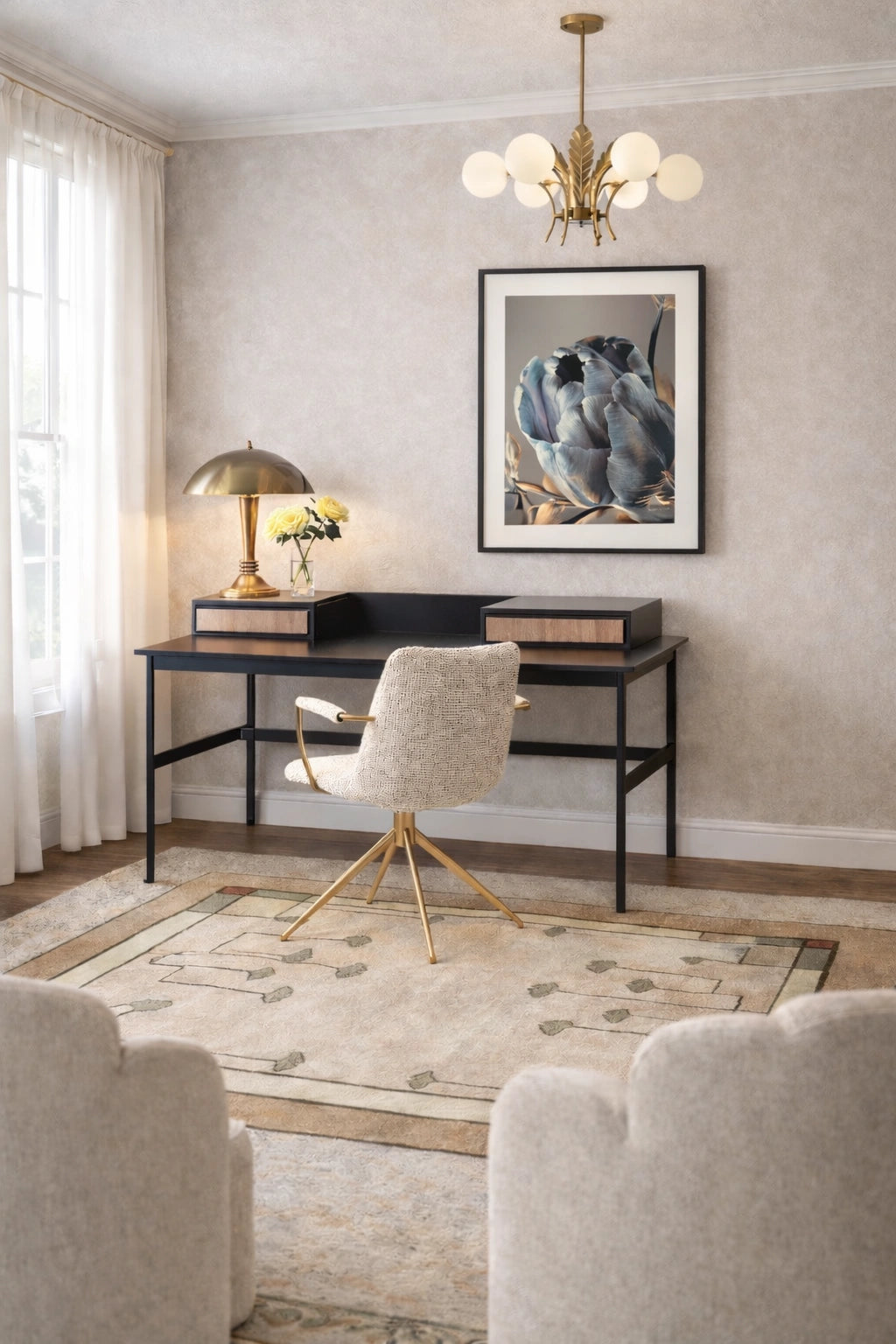 Modern home office with a desk, chair, and decorative elements.