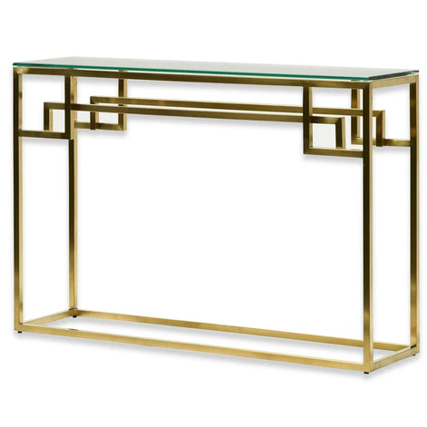 Ambrose Glass Top Console Table with Gold Base